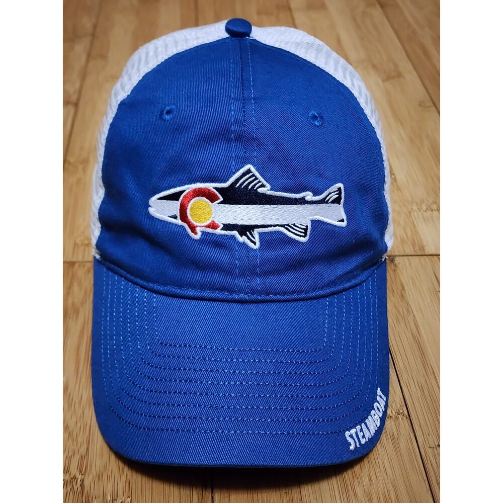 COLORADO Trout Flag Logo Snapback Trucker Hat Fishing Cap Blue w/ White Mesh